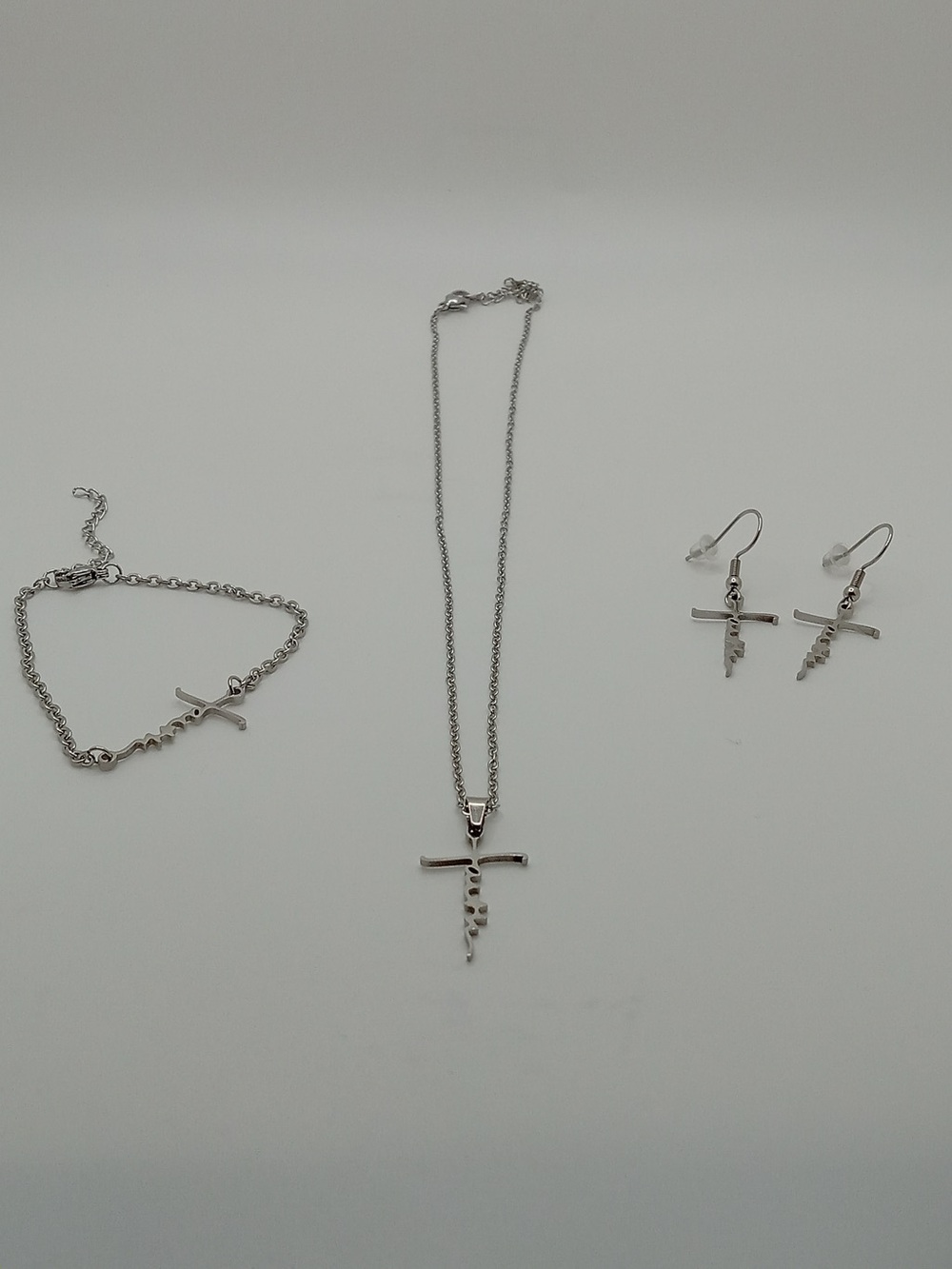 Faith Cross Jewelry Set Necklace Bracelet Earrings Silver Tone Christian